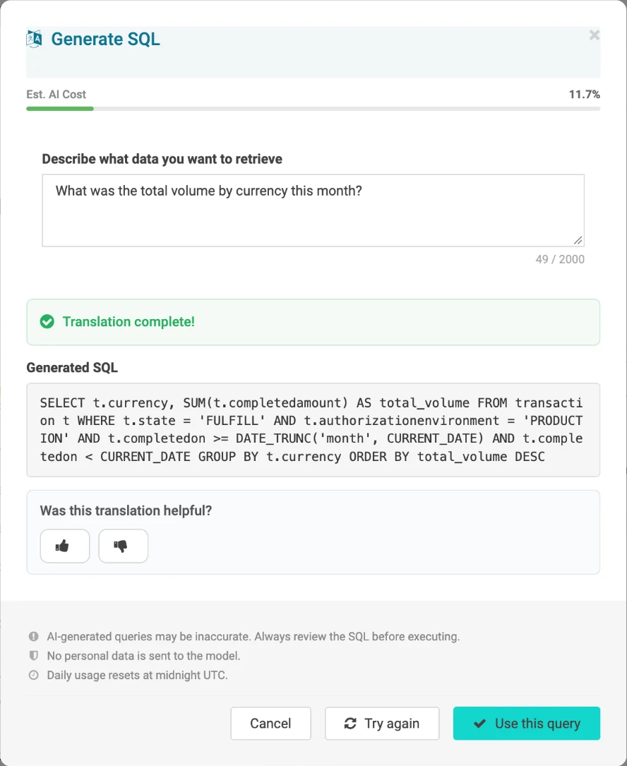 Generate SQL dialog